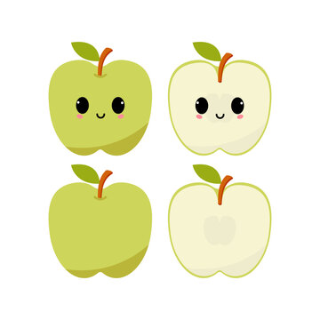 Smiling green apple with kawaii emoji. Flat design vector illustration of green apple on white background.	
