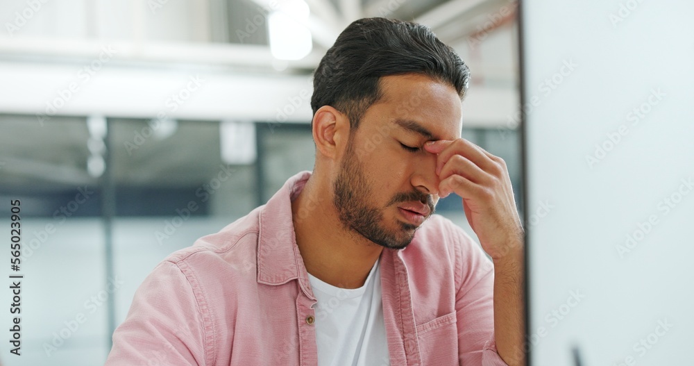 Aufkleber Office computer, problem and man stress over app web design fail, ux development mistake or online software glitch. Startup small business, 404 system error or designer working on webdesign wireframe