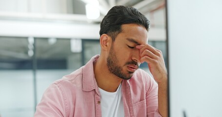 Office computer, problem and man stress over app web design fail, ux development mistake or online...
