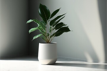  a plant in a white pot on a white table top with a shadow of a wall behind it and a white wall behind it with a white wall.  generative ai