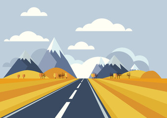 Landscape vector background. Road to golden yellow wheat field, mountains, hills, clouds in the sky. Flat style illustration of autumn nature