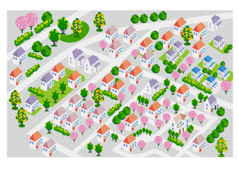 油彩風のエンボス。美しい街並みと暮らしの風景。人々が明るく暮らせる自然と住宅が溶け込む街づくり。