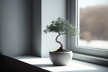  a small tree in a white pot on a window sill next to a window sill with a window sill in the background.  generative ai
