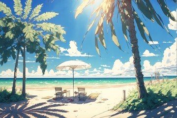 Obraz na płótnie Canvas Tropical Anime Beach with sunchairs and umbrellas, Abstract Art, Digital Illustration, Generative AI