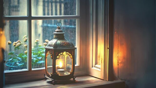 雨の日とランタン 窓 ろうそく 炎 ループ シームレス