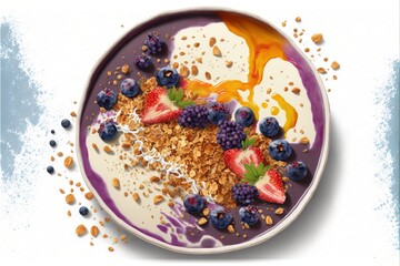  a plate of food with fruit and yogurt on it with a spoon and spoon rest on the plate and a splash of orange juice.  generative ai