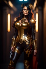 Naklejka premium A fictional person, not based on a real person. a woman in a black outfit with a golden light behind her back. AI generated art.