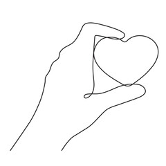 Hand with heart one line art,love concept continuous contour drawing,hand-drawn Valentine's day decoration.Romance, engagement and marriage symbol. Editable stroke.Isolated.Vector illustration