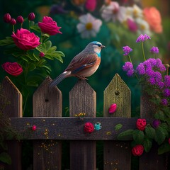 Obraz premium A cute bird sits on a fence against a background of flowers. Generative AI