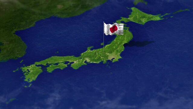 Map of Japan, northwest Pacific with Japanese flag