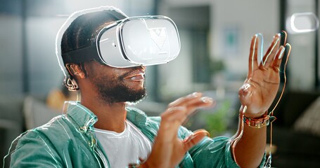 Virtual reality, vr metaverse and black man work on cyber dashboard, augmented reality or ai software. Digital transformation, future headset and creative graphic designer with futuristic simulation