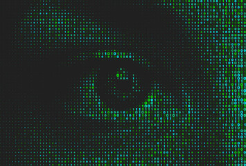 Vector halftone eye background made by letters. Artificial intelligence technology futuristic background. Green binary coding letters on black  .