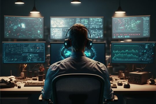 Technical customer service specialist with headset while working on computer in monitoring and control room, AI generated.