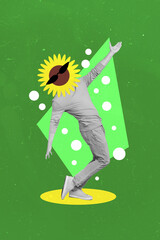 Composite collage of headless abstract guy dancing arm up yellow sunflower wear cool sunglass...