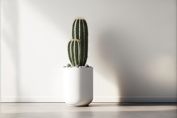 a cactus in a white pot on a wooden floor in a room with a white wall and a white wall behind it, with a shadow from the plant.  generative ai