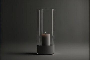  a candle is lit inside of a glass cylinder with a black base and a gray base on a dark background with a shadow from the glass.  generative ai