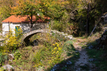 Fototapeta na wymiar Old stone arched bridge covered with moss over Seljani stream in idyllic village Poseljani in Lake Skadar National Park, Bar, Montenegro, Balkans, Europe. Old idyllic house with red rooftop