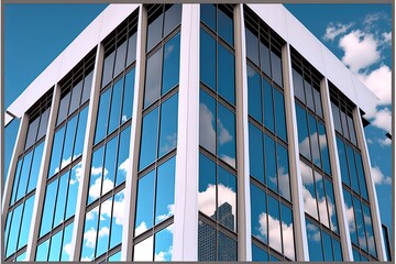 Fototapeta premium Business Office bulding windows with blue sky cloud reflections background.