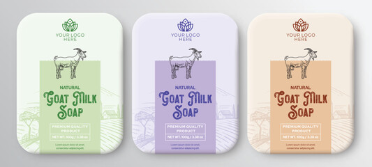 Goat milk soap label design hand drawn goat milk labels and patterns for handmade soap bars, natural soap box mono carton vector illustration design - obrazy, fototapety, plakaty