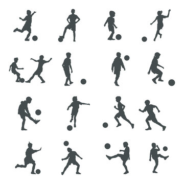 Kids playing soccer silhouette, Kids playing football silhouette