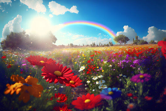 A densely-packed field of many different kinds of red flowers, bright and sunny and beautiful, a rainbow in the sky