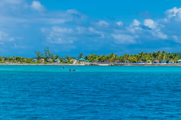 A view towards sandy beaches on the island of Eleuthera, Bahamas on a bright sunny day