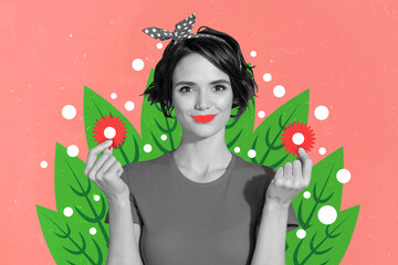 Composite collage photo of young smile charming bob hair lady red lipstick pomade hold red flowers behind green leaves isolated on drawing background