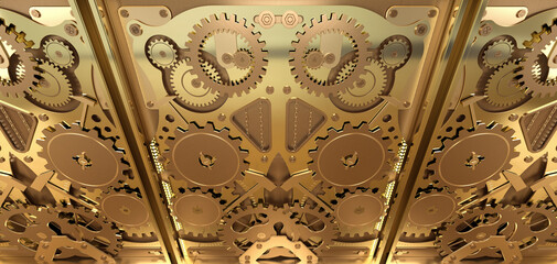Abstract gold mechanical background, 3d rendering
