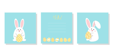 Vector hand-drawn cards with Easter eggs and Easter bunnies. Happy easter. Hello Easter. Postcards in bright colors. Banners, posters