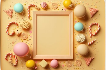 Obraz na płótnie Canvas a picture frame surrounded by candy and candies on a yellow background with a white border for text or image, with a place for a place for a text. generative ai