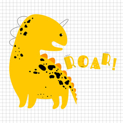 Vector. Dino. Roar. Hand-drawn lettering dino screams roar.
Minimalistic design. Background notebook. Dino is drawn by hand.
