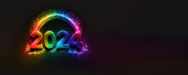 Happy New Year 2024 - Rainbow on Black Background (with copy space) - Generative AI Art