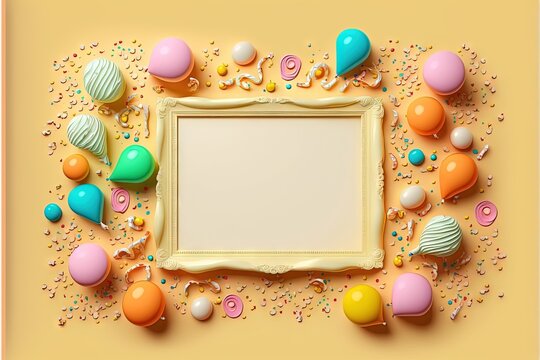  a picture frame surrounded by balloons and confetti on a yellow background with a white center surrounded by balloons and confetti on a yellow background.  generative ai