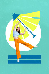 Creative poster collage advertisement of new home decor shopping center young lady hold bright shiny floor lamp isolated on painted blue background