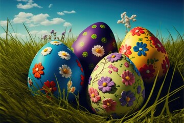  a group of colorful eggs sitting in the grass with daisies on them and daisies on the top of them, with a blue sky in the background.  generative ai
