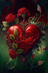 Beautiful red fantasy heart with red roses and green leaves, red and green background, love, valentine, painting, vertical, Generative AI