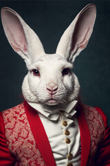 Elegant white rabbit with red eyes in a regal red luxury suit