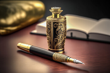 Un stylo plume luxueux noir et doré avec son flacon d'encre, posés sur un bureau, illustration IA générative - obrazy, fototapety, plakaty