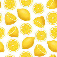 Citrus fruit seamless pattern. Colorful vivid print with juicy lemon slices. Repeated luxury design for packaging, cosmetic, menu, cafe, textile. Realistic detailed illustration.