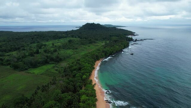 Aerial view over the Jale beach, cloudy day in south Sao Tome, west Africa