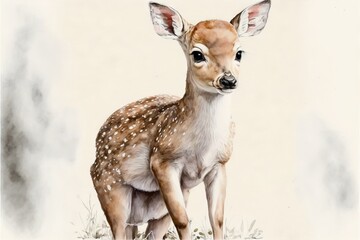  a painting of a deer with a white background and a brown head and antlers on it's head, standing in the grass.  generative ai