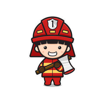 Cute firefighter holding axe cartoon icon vector illustration