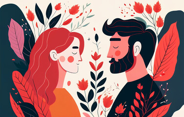 Happy Valentine's Day flat illustration. Boyfriend and girlfriend in cartoon style. Couple in love. Young man and girl looking at each other. Romantic partners on a date. Generative Ai.