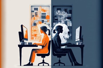  a couple of people sitting at a desk with a computer monitor and a laptop computer on it, with a city in the background and a woman sitting at a desk with a computer.  generative ai - obrazy, fototapety, plakaty