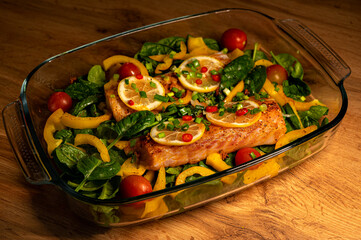 bright baked fish with vegetables