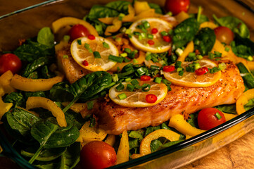 bright baked fish with vegetables