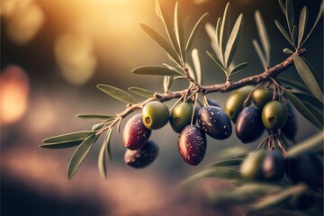  olives hanging from a tree branch with the sun shining in the background and blurry background of the branches and leaves of the tree.  generative ai