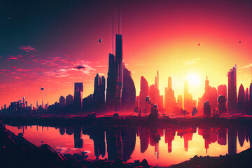 Retrofuturistic urban skyline at sunset . Synthwave style. 
  Digitally generated AI image
