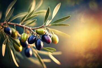  a branch with olives and leaves on it with a blurry background of the sun shining on the branches and the leaves of the olives.  generative ai