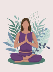 Obraz na płótnie Canvas Mindfulness, meditation and yoga background in pastel vintage colors with women sit with crossed legs and meditate. Vector illustration